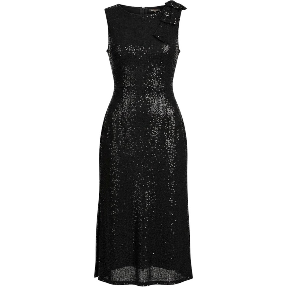 JM Studio Dress Women 10 Black Sequin Sleeveless Shoulder Bow Midi Side Slit